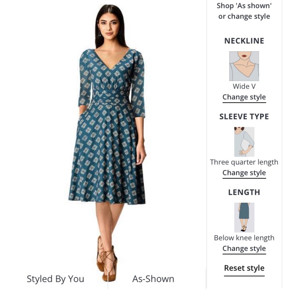 V-neck Knee-length printed dress by eShakti Custom Made Brand New